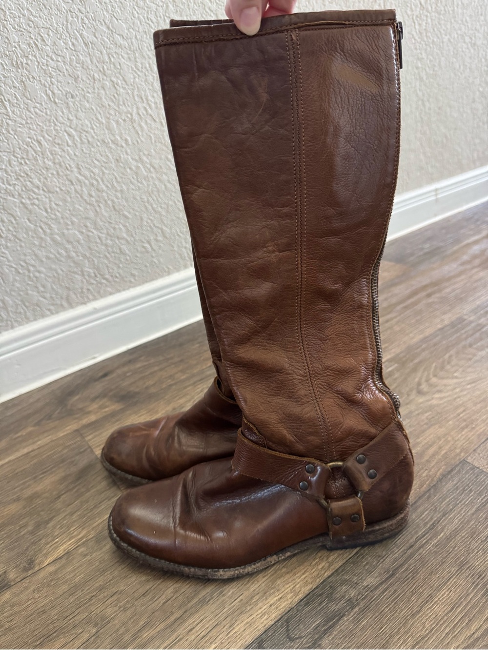 Frye Women's Phillip Harness Tall Brown Leather Riding Boots Zip Buckle US 8 B
